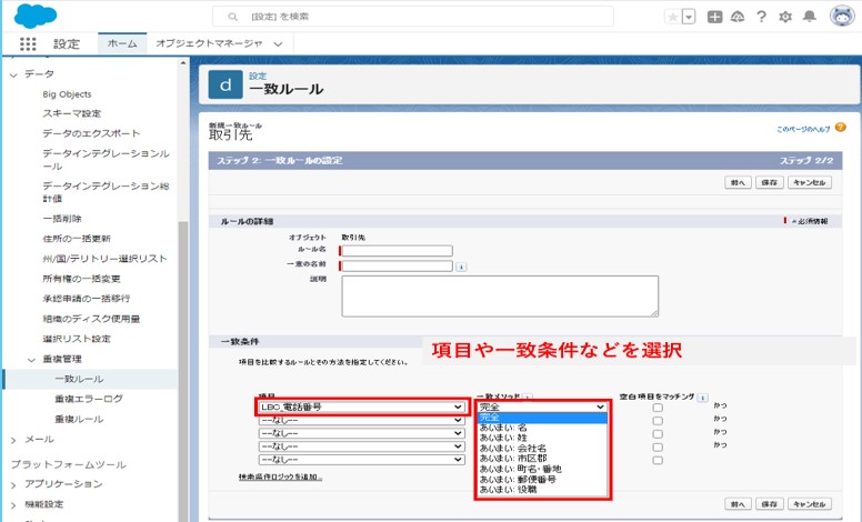 オブジェクトごとの項目設定や、完全一致・あいまい一致の設定